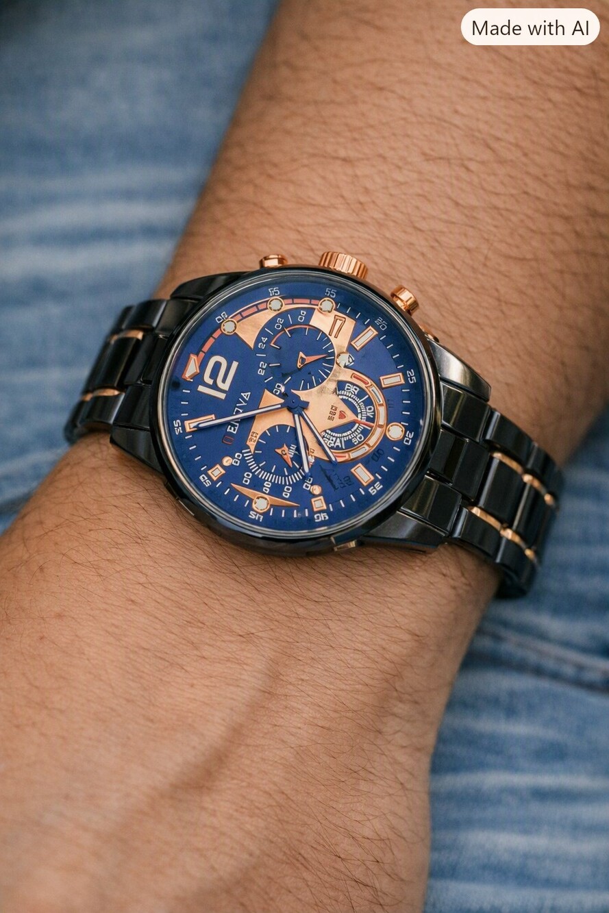 Chronograph Watch Blue Dial Black and Rose Gold Bracelet